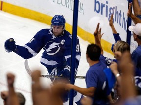 Steven Stamkos of the Tampa Bay Lightning celebrates after scoring a goal against the New York Rangers during Game 3 of the Eastern Conference finals during the 2015 NHL playoffs at Amalie Arena on May 20, 2015. (Mike Carlson/Getty Images/AFP)