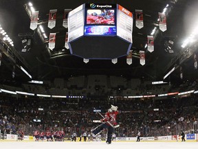 Oshawa Generals goalie Ken Appleby celebrates his team's overtime victory against the Quebec Remparts during their Memorial Cup ice hockey game at the Colisee Pepsi in Quebec City, May 24, 2015. (REUTERS/Mathieu Belanger)