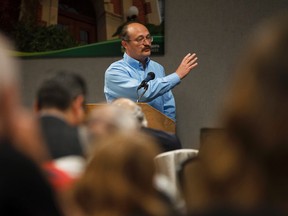 Dr. Vladimir Troitsky, U of A Math Department professor, speaks during a public education forum discussing K-12 Math curriculum at the University of Alberta in Edmonton, Alta., on Friday May 29, 2015. People were invited to sign a petition at the event calling for a halt to the implementation of the fall 2015 curriculum and a return to evidence-based, knowledge-focused teaching practices. Ian Kucerak/Edmonton Sun/Postmedia Network