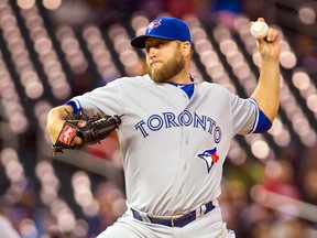 Toronto Blue Jays pitcher Mark Buehrle pitches in the first inning against the Minnesota Twins at Target Field on May 29, 2015. (Brad Rempel/USA TODAY Sports)