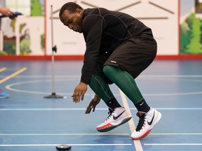 Defensive end Odell Willis takes the 5-10-5 shuffle test during the opening day of Edmonton Eskimos Training Camp at the TransAlta Tri Leisure Centre in Spruce Grove, Alta., on Saturday May 30, 2015. Ian Kucerak/Edmonton Sun/Postmedia Network