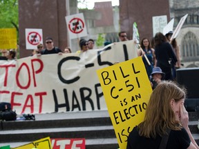 Protestors at the Human Rights Monument on Elgin St. Saturday, May 30, 2015 rallying against Bill C-51, a Conservative party bill they call the 'secret police' bill.
Dani-Elle Dube/Ottawa Sun