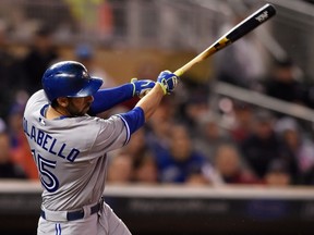 A two-run home run by Chris Colabello in the ninth inning against his former team, the Twins, was witnessed late Friday night by his proud dad, who hurried back to his TV set to see the replay. (GETTY IMAGES/PHOTO)