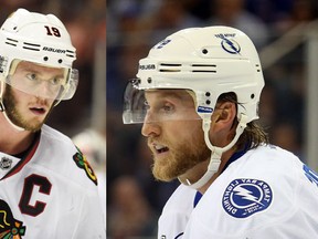 Steven Stamkos versus Jonathan Toews. (AFP/REUTERS)