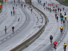 Bike riders take over the DVP for the Becel Heart and Stroke Ride for Heart in Toronto on Sunday May 31, 2015. (Dave Thomas/Toronto Sun)