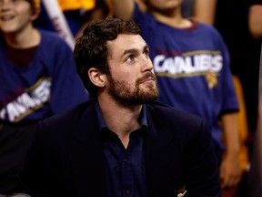 Kevin Love #0 of the Cleveland Cavaliers looks on late in the game against the Atlanta Hawks during Game Four of the Eastern Conference Finals of the 2015 NBA Playoffs at Quicken Loans Arena on May 26, 2015 in Cleveland, Ohio. (Gregory Shamus/Getty Images/AFP)