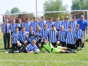 The team poses after a successful season. Back row (left to right), Kyle Langlois (injured), Tyler Johnston, Ian Simpson (injured), Cole Lewis, Brandon Johnston, Harley Oster, Connor Cox, Brian Love, Jamie Willis, Rick Bissett, John Clarke (coach), middle row (left to right), James Tigert, Brandon Bean, Mitch Clarke (captain), Kody Langlois, Nils Rathmer, Carlos Gandiaga, Ryan Bissett, Kyle Smith, Gerritt Logtenberg. (front row, left to right),   Chad Bissett and Greg Morningstar. (Photo credit – Contributed photo)