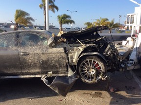 A car crashed into a terminal building at Los Angeles International Airport on May 31, 2015, injuring the driver, passenger and a nine-year-old pedestrian. (LAFD Photo/David Ortiz)