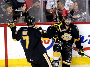 Colton Waltz celebrates a goal with teammate Eric Roy during the WHL Eastern Conference Finals against the Calgary Hitmen. Waltz, a native of Vermilion, had a career year in a season which saw his Wheat Kings come up just four wins shy of winning the league championship.