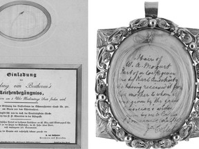 A few strands of composer Ludwig van Beethoven's white hair and an invitation to his 1827 funeral sold for US$15,000, left, while a lock of the late composer Wolfgang Amadeus Mozart's fair-coloured hair has sold for $66,000 at a London auction, according to Sotheby's in London. (Sotheby's)