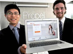 Harry Liu (left) and Jess Hodgson, co-founders of Tutor Hero, at Western University in London Ont. May 28, 2015. CHRIS MONTANINI\LONDONER\POSTMEDIA NETWORK