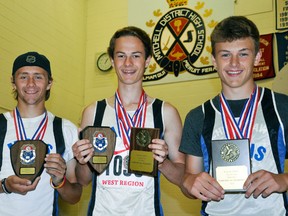 Cody Pauli (left), James Cooper and Quaid Austin from MDHS all qualified for the OFSAA track and field championships this weekend in Toronto. ANDY BADER/MITCHELL ADVOCATE