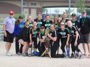 Members of the MDHS girls ball team celebrates their second place finish at a recent fastpitch softball tournament in Brampton. SUBMITTED
