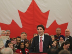 Federal Liberal leader Justin Trudeau speaks to a crowd at a party rally in Winnipeg, Man. Wednesday February 11, 2015.Brian Donogh/Winnipeg Sun/QMI Agency