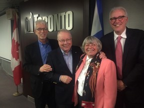 Former chief planner Paul Bedford, former Toronto mayor David Crombie, Deputy Mayor Pam McConnell and Ryerson University president Sheldon Levy pose for a photo at City Hall on Monday, June 1, 2015, after a press conference supporting the removal of the Gardiner east. (Don Peat/Toronto Sun)