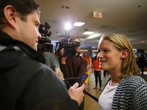 Netherlands captain Mandy van den Berg speaks to local media after the team arrived in Edmonton Monday (Ian Kucerak, Edmonton Sun).