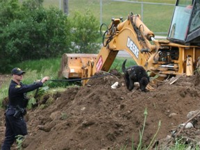 OPP officers from a special urban search unit use a cadaver dog to check recently excavated earth on River Rd. near the bypass on Monday June 1, 2015 in Peterborough, Ont. The officers were called in Monday to assist with the search for the body of Lise Fredette, who police say was killed last November. Kennedy Gordon/Postmedia Network