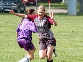 Madison deBakker, shown here in the LKSSAA final against Sarnia St. Clair, is one of the many Grade 9 players that the Wallaceburg Tartans will depend on as they play in the OFSAA 'AA' girls soccer championships being held in Wallaceburg June 4-6.