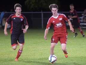 BDR's Adam Fardella takes the ball through the midfield Saturday night. (CHRIS ABBOTT/TILLSONBURG NEWS)