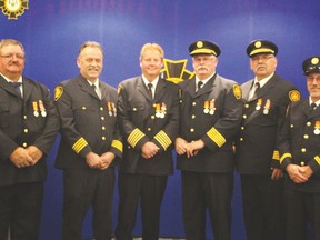 Honoured for long service were left, West Lorne Firefighter George Nute (25 years), West Lorne Deputy Chief Stu Jamieson, West Lorne Chief Al Beer (30 years), Rodney Fire Department Chief Jeff Slater, Deputy Chief Wally Kauzen and Rodney Fire Department Capt. Chester Carver, all for 25 years service.