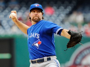 Blue Jays starting pitcher R.A. Dickey throws to the Nationals during second inning action in game one of a double header in Washington, D.C., on Tuesday, June 2, 2015. (Brad Mills/USA TODAY Sports)