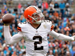 Johnny Manziel of the Cleveland Browns drops back to pass against the Carolina Panthers during their game at Bank of America Stadium on December 21, 2014 in Charlotte, N.C. (Grant Halverson/Getty Images/AFP)