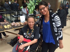 Third generation residential school survivor Marylyn Fontaine and daughter Jasmine Smith at the University of Winnipeg's live stream of the release of the Truth and Reconciliation Commission findings June 2, 2015.