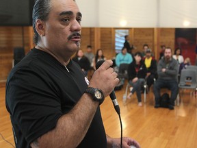 Bear Clan Patrol co-ordinator James Favel speaks at the revival of the Bear Clan Patrol in Winnipeg, Man. Tuesday May 12, 2015.