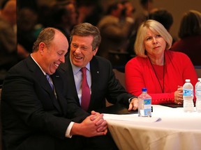 Kevin Turner, COO of Microsoft, with Toronto Mayor John Tory and Ontario Deputy Premier Deb Matthews at an announcement of a new cloud computing centre opening in Toronto Tuesday June 2, 2015. (Michael Peake/Toronto Sun)