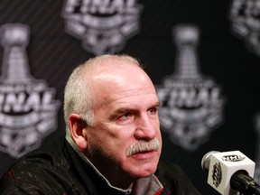 Chicago Blackhawks head coach Joel Quenneville talks during media day in the leadup to the 2015 Stanley Cup Final at Amalie Arena on June 2, 2015. (Kim Klement/USA TODAY Sports)