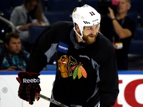 Lively native and Chicago Blackhawks forward Andrew Desjardins looks on during practice for the 2015 Stanley Cup Final at Amalie Arena in Tampa Bay, Fla., on Tuesday.