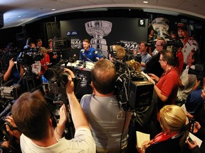 Tampa Bay Lightning centre Steven Stamkos talks during media day prior to the 2015 Stanley Cup Final at Amalie Arena on June 2, 2015. (Kim Klement/USA TODAY Sports)