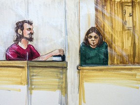 A sketch of suspects John Nuttall (left) and Amanda Korody (right) at Provincial Court in Surrey, British Columbia, Tuesday July 9, 2013. (Postmedia Network file photo)