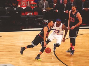 LeBron James may have guarded Stephen Curry during this play at the all-star game, but don’t expect it during the Finals. (USA TODAY SPORTS)