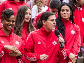 Christine Sinclair speaks during an event naming Canada's player selection to compete at FIFA Women's World Cup Canada 2015, in Vancouver, B.C., in this April 27, 2015 file photo. (Carmine Marinelli/Postmedia Network)