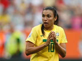 Brazil's Marta reacts during their Women's World Cup Group D soccer match against Equatorial Guinea in Frankfurt July 6, 2011. (REUTERS)