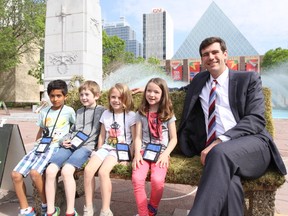 Edmonton Mayor Don Iveson declared Wed., June 3, 2015, Clean Air Day as kids from City Hall School chanted "We care about clean air" in front of City Hall.From left to right: Jy Patel, Jason Hogue, Olivia Harwood, Gracie Smith They are from Michael A Kostek School Gr 1 spending time at City Hall School DAVE LAZZARINO/EDMONTON SUN