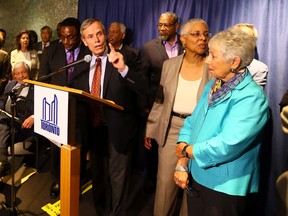 Gordon Cressy, former president of United Way, speaks out against the practice of police carding during a press conference at City Hall in Toronto on Wednesday June 3, 2015. (Dave Abel/Toronto Sun)