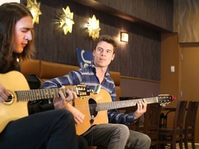 Gino Donato/The Sudbury Star
Zak Martel and Jamie Dupuis, a finalist in the emerging artists category, entertain the crowd at the Jazz Sudbury Launch at Oscar's Grill on Wednesday.