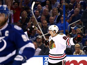 Teuvo Teravainen of the Chicago Blackhawks celebrates his third period goal against the Tampa Bay Lightning during Game 1 of the 2015 Stanley Cup Final at Amalie Arena on June 3, 2015. (Bruce Bennett/Getty Images/AFP)