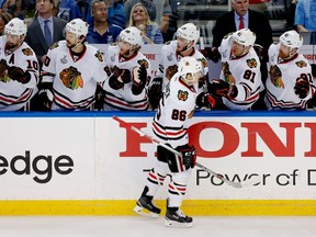 Teuvo Teravainen of the Chicago Blackhawks celebrates his third period goal against the Tampa Bay Lightning during Game 1 of the 2015 Stanley Cup Final at Amalie Arena on June 3, 2015. (Mike Carlson/Getty Images/AFP)