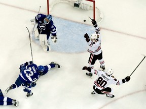 Antoine Vermette of the Chicago Blackhawks celebrates his third period goal against the Tampa Bay Lightning during Game 1 of the 2015 Stanley Cup Final at Amalie Arena on June 3, 2015. (Mike Carlson/Getty Images/AFP)