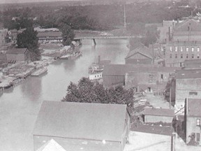 The Thames River looking east from Third Street. The McNaughton Ice House is at bottom centre.