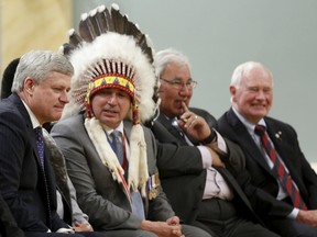 Canada's Prime Minister Stephen Harper, Assembly of First Nations National Chief Perry Bellegarde, Justice Murray Sinclair, and Governor General David Johnston attend the Truth and Reconciliation Commission of Canada's closing ceremony at Rideau Hall in Ottawa June 3, 2015. (REUTERS/Blair Gable)