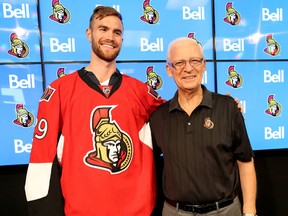 Ottawa Senators General Manager Bryan Murray presented goalie Matt O'Connor with his new Ottawa Senators jersey at Canadian Tire Centre on Thursday June 4, 2015. O'Connor was introduced to the media for the first time Thursday.  
Tony Caldwell/Ottawa Sun