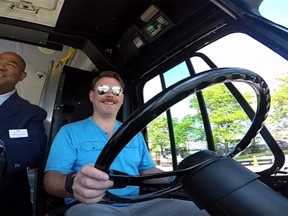 Toronto Sun Photographer Dave Abel learns to drive a TTC bus ahead of this weekend's TTC Roadeo with instructor Stephan Boston on June 4, 2015. (Dave Abel/Toronto Sun)
