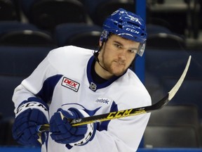Jonathan Drouin of the Tampa Bay Lightning skates during the practice day prior to the 2015 NHL Stanley Cup Finals at Amalie Arena on June 2, 2015. (Bruce Bennett/Getty Images/AFP)