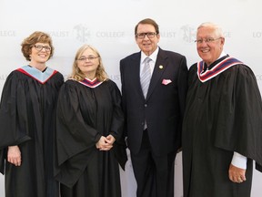 SUBMITTED PHOTO
Guest speaker Sandie Sidsworth, executive director of the Canadian Mental Health Association, Hastings and Prince Edward Branch (centre left), was presented with the Hugh P. O’Neil Outstanding Alumni Award in recognition of her exceptional career success and leadership during Convocation at Loyalist College in Belleville on Thursday. Sidsworth poses with Loyalist College president and CEO, Maureen Piercy (left); Hugh P. O’Neil (centre right) and chairman of the Loyalist Board of Governors, Brian Smith.