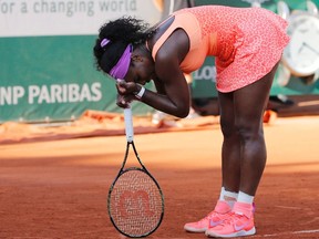 Serena Williams celebrates after defeating Timea Bacsinszky during their women's semifinal match at the French Open in Paris on Thursday, June 4, 2015. (Jean-Paul Pelissier/Reuters)