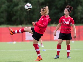 Selenia Lacchelli (left) and Carmelina Moscato (right) take part in a Team Canada practice at the Edmonton Soccer Complex in preparation for the start of the Women's World Cup Edmonton on Thursday, June 4, 2015. (David Bloom/Postmedia Network)